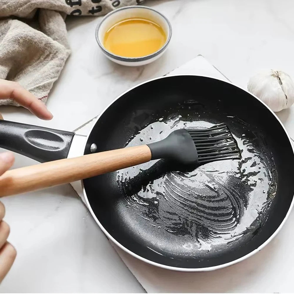 Ensemble D'Ustensiles De Cuisine En Silicone Antiadhésifs 12 Pièces, Spatule, Pelle, Fouet À Œufs, Manche En Bois, Ensemble D'Outils De Cuisine
