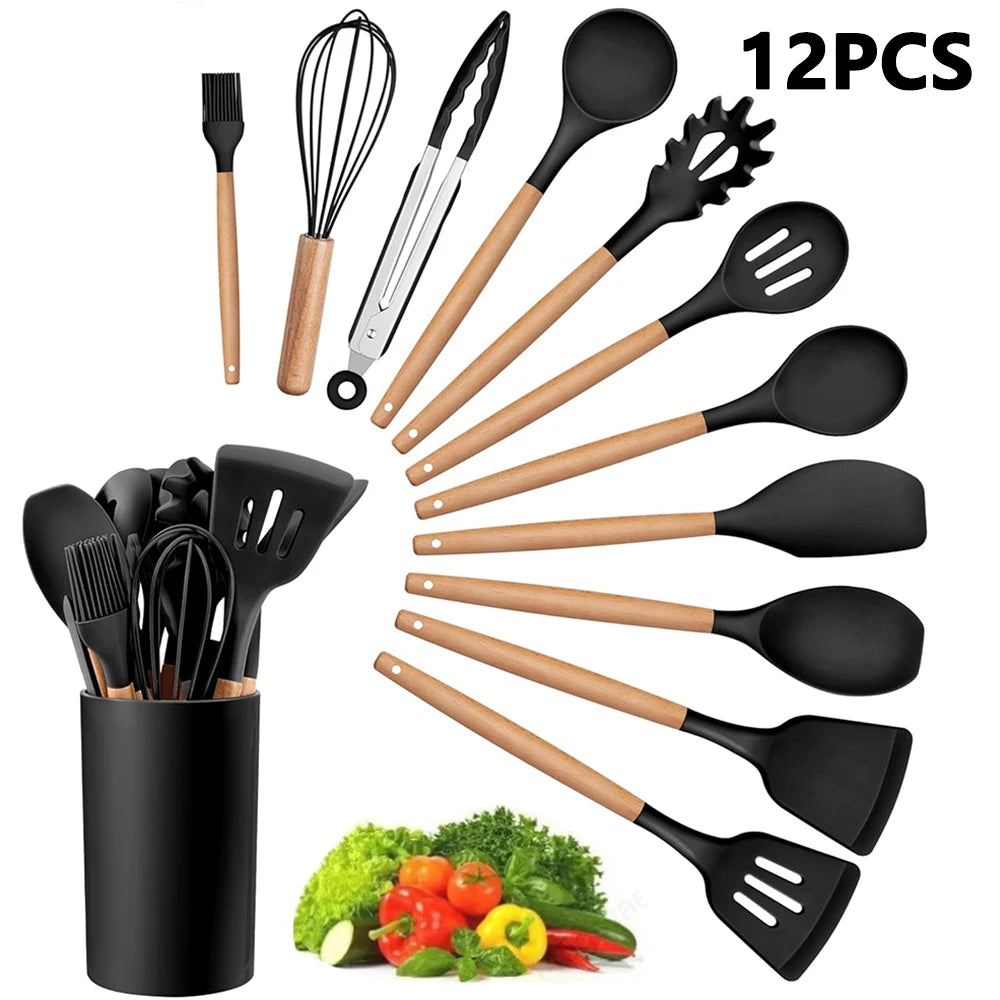 Ensemble D'Ustensiles De Cuisine En Silicone Antiadhésifs 12 Pièces, Spatule, Pelle, Fouet À Œufs, Manche En Bois, Ensemble D'Outils De Cuisine