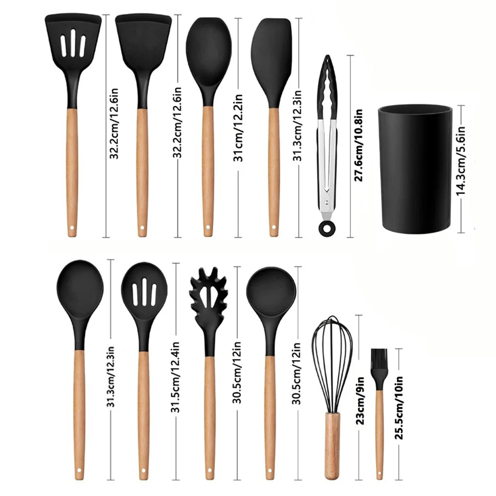 Ensemble D'Ustensiles De Cuisine En Silicone Antiadhésifs 12 Pièces, Spatule, Pelle, Fouet À Œufs, Manche En Bois, Ensemble D'Outils De Cuisine