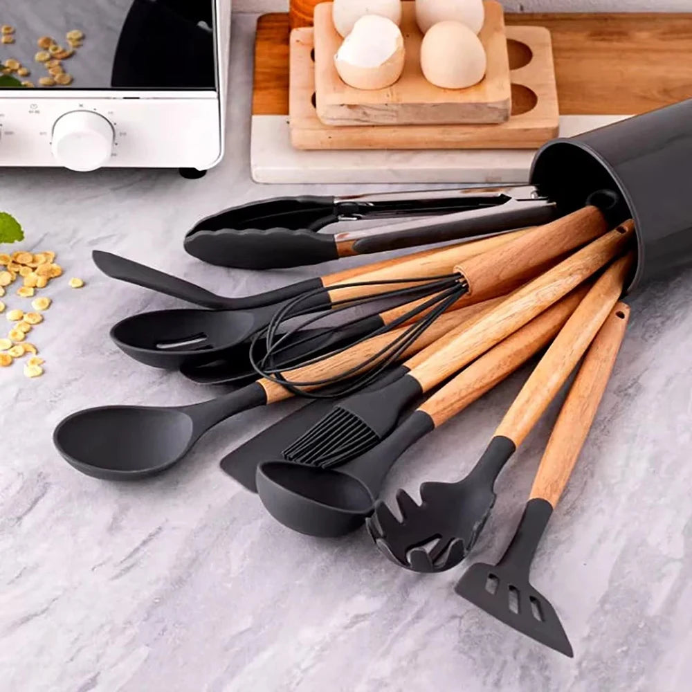 Ensemble D'Ustensiles De Cuisine En Silicone Antiadhésifs 12 Pièces, Spatule, Pelle, Fouet À Œufs, Manche En Bois, Ensemble D'Outils De Cuisine