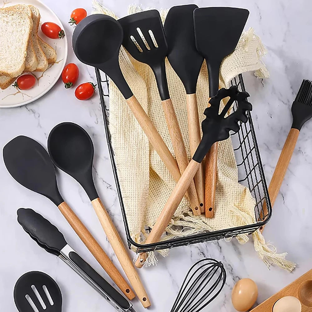 Ensemble D'Ustensiles De Cuisine En Silicone Antiadhésifs 12 Pièces, Spatule, Pelle, Fouet À Œufs, Manche En Bois, Ensemble D'Outils De Cuisine